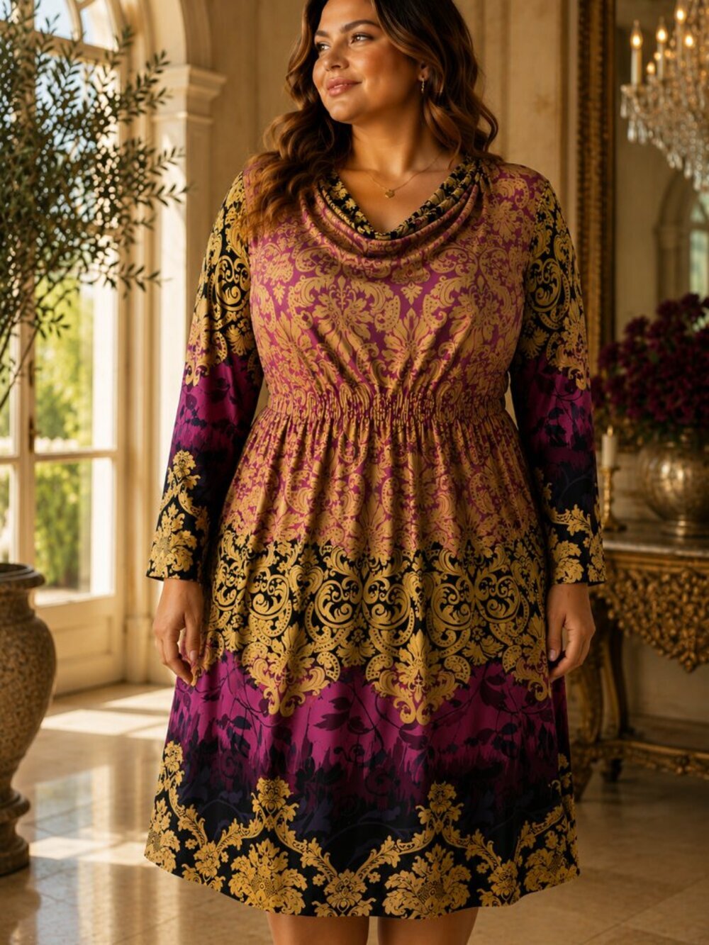 Boutique Boho Baroque Print Cowl Neck Dress Plus Size